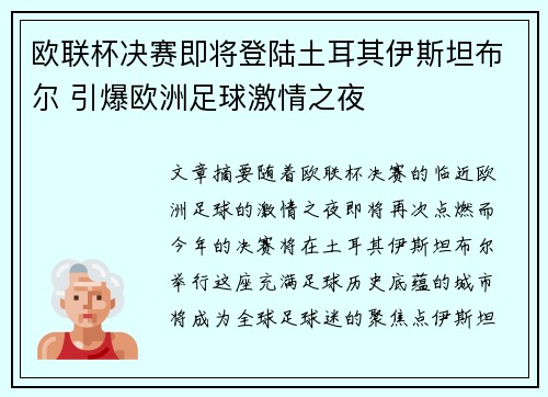 欧联杯决赛即将登陆土耳其伊斯坦布尔 引爆欧洲足球激情之夜