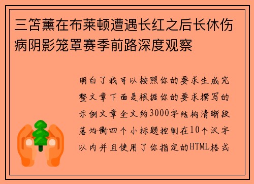 三笘薰在布莱顿遭遇长红之后长休伤病阴影笼罩赛季前路深度观察